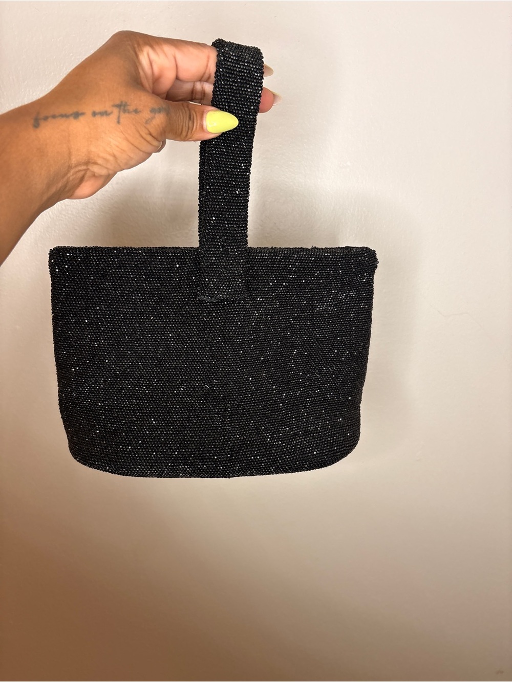 Black beaded vertical top handle shimmering evening bag